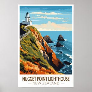 Nugget Point Lighthouse Nya Zeeland Resa Vintage Poster