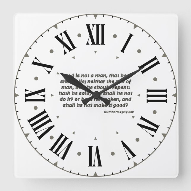 Nummer 23:19 KJV Bible Verse Grått Roman Numeral Fyrkantig Klocka (Framsida)
