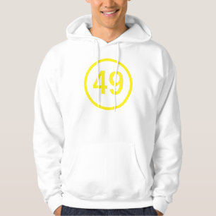 nummer 49, i en cirkel sweatshirt med luva