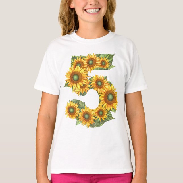 Nummer 5 Solblommor tema 5 Åldersflickor T Shirt (Framsida)