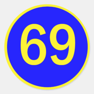 nummer 69, i en cirkel runt klistermärke
