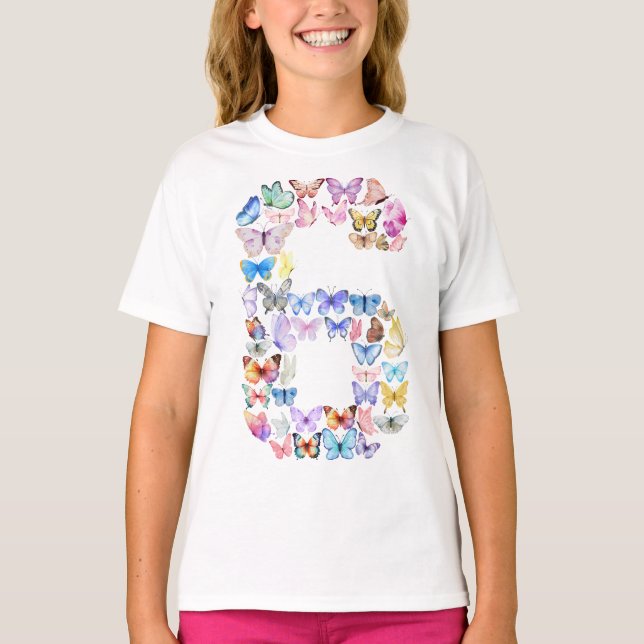 Nummer 6 Butterflies tema 6-åriga flickor T Shirt (Framsida)