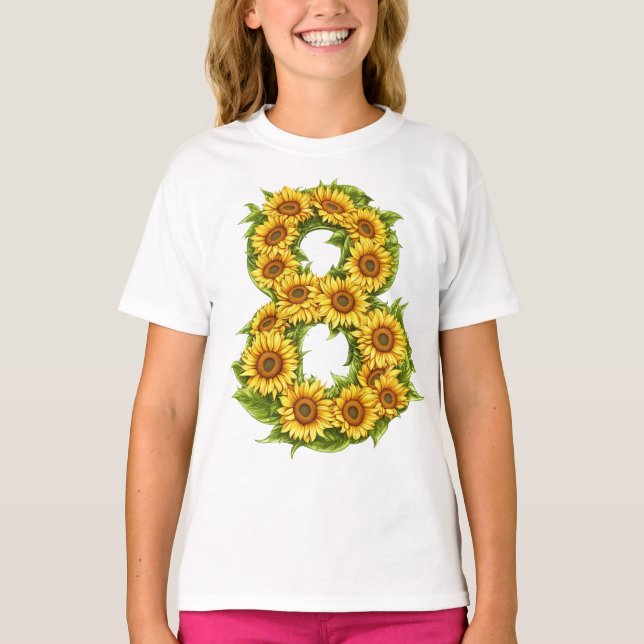 Nummer 8 Solblommor Tema 8 år Gamla barn flickor T Shirt (Framsida)
