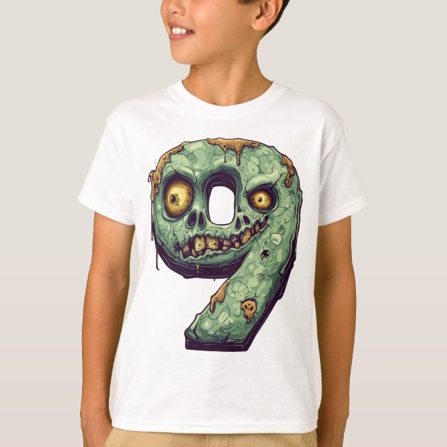 Nummer 9 Zombie Halloween Theme 9-åriga barn T Shirt (Framsida)