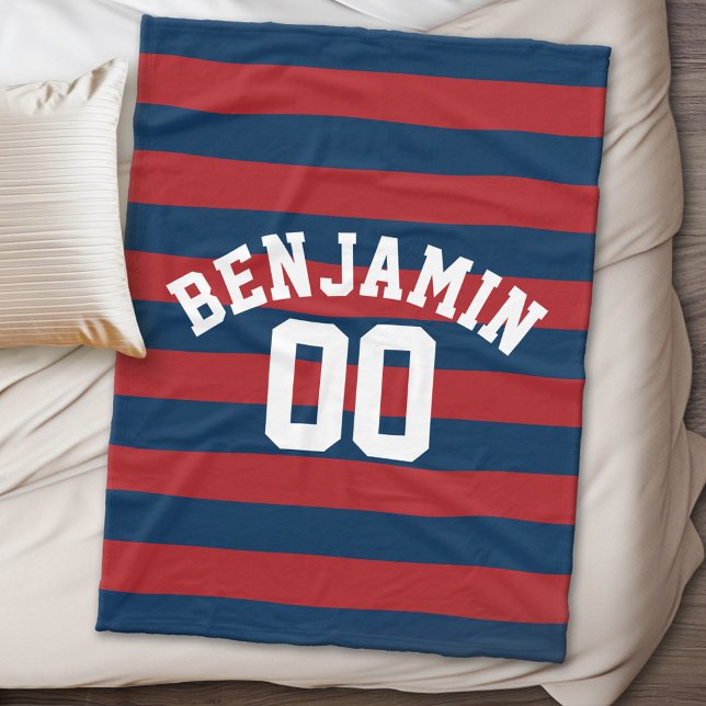 Nummer på marinblått och rött rugby Rand Namn Fleecefilt (Personalized fleece blanket - Sports Theme)