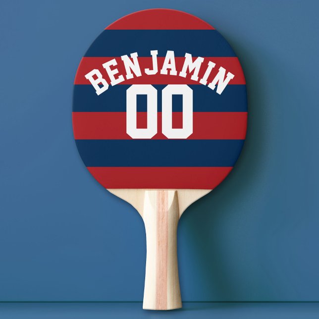 Nummer på marinblått och rött rugby Rand Namn Pingisracket (Custom Ping Pong Paddle - Team or College colors Sports Jersey)