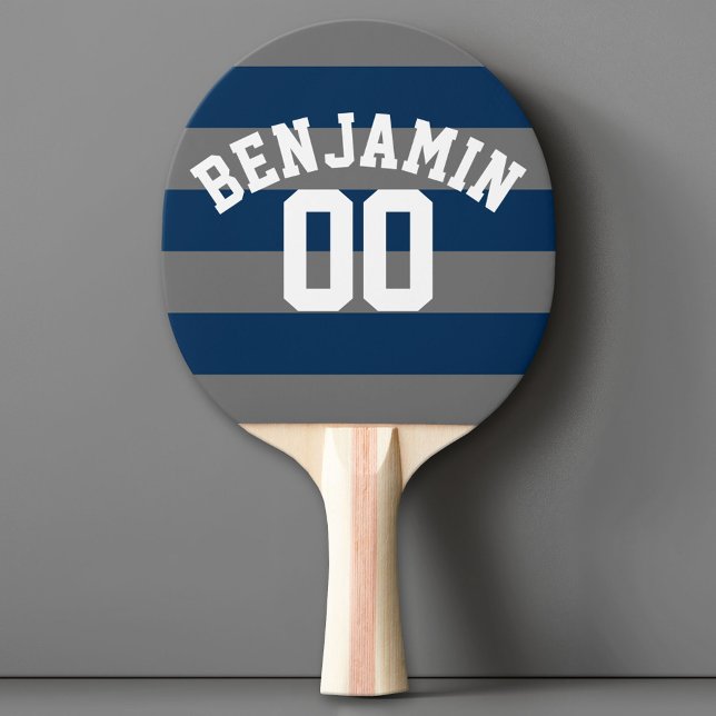 Nummer på marint blått och Grått Rugby Rand Namn Pingisracket (Custom Ping Pong Paddle with a Sports Theme)