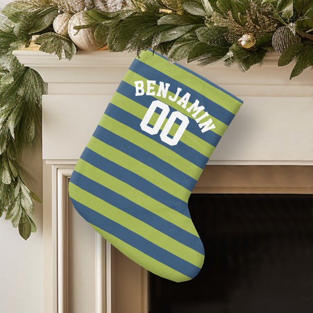 Nummer på marint blått och limgrönt rugby Rand Nam Liten Julstrumpa (Personalized Christmas Stocking)