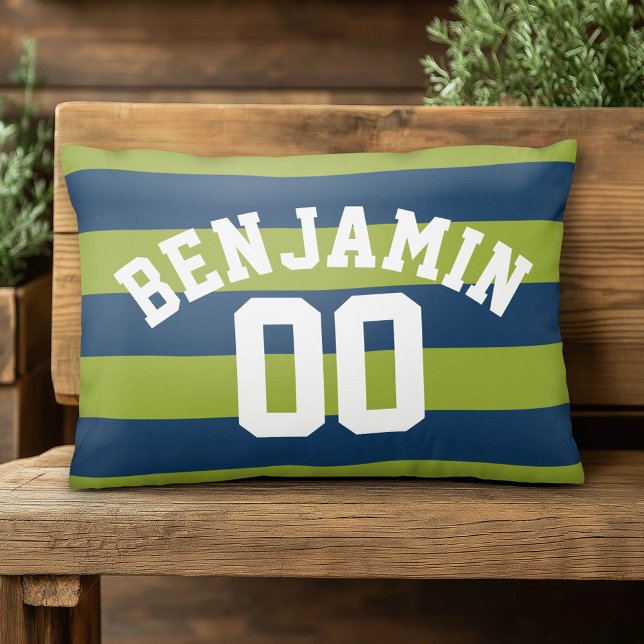 Nummer på marint blått och limgrönt rugby Rand Nam Prydnadskudde (Custom Pillow)