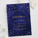 Nummer på nummer party i den blå guld-stjärnan inbjudan vykort<br><div class="desc">En glamorös födelsedagsfest inbjudan för både honom och henne. En marin blå bakgrund med faux guld-stjärnor. Den blå färg är ojämn. Anpassa och lägg till information om namn och party. Golden färgad. Ett stort åldersnummer som vattenstämpel.</div>
