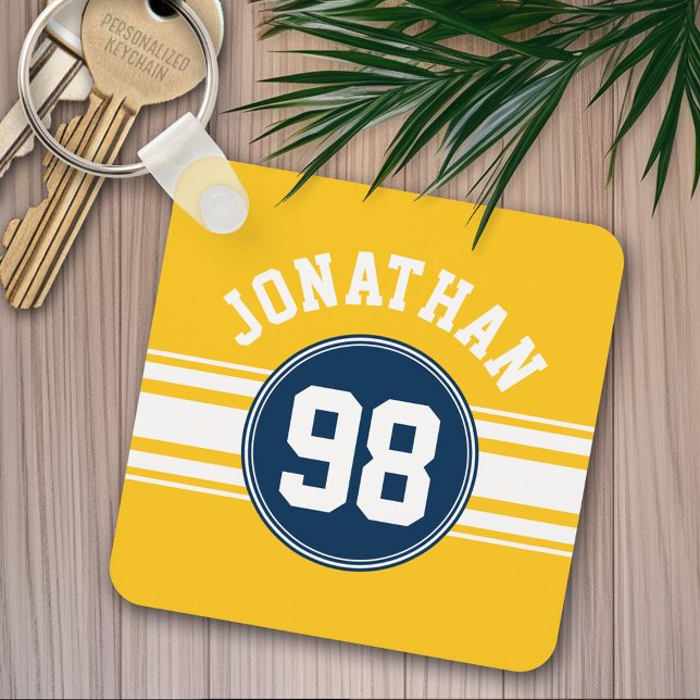 Nummer på sportflottan i Rand, blå Gult, Namn Nyckelring (Personalized keychain - Sports Jersey Theme)