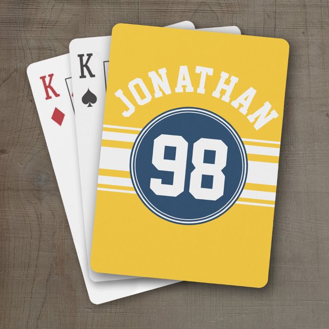 Nummer på sportflottan i Rand, blå Gult, Namn Spelkort (Personalized Playing Cards - Sporty Stripes)