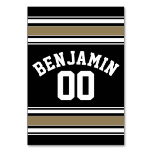 Nummer på sportJersey Black och Guld Rand Namn Bordsnummer