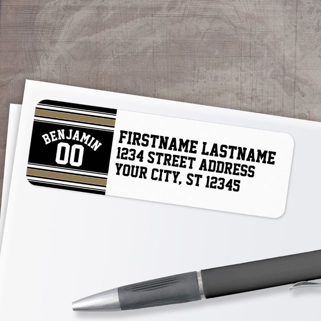 Nummer på sportJersey Black och Guld Rand Namn Returadress Etikett (Personalized Return Address Label)