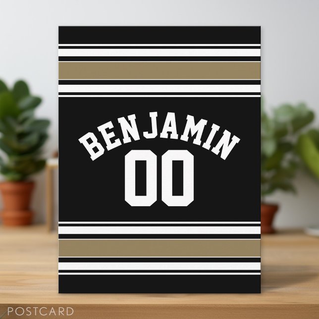 Nummer på sportJersey Black och Guld Rand Namn Vykort (Custom Postcard)