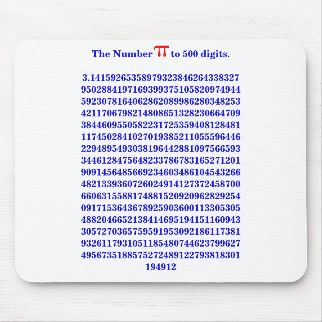 Nummer-PI till 500 siffror.3.14159... Mousepad Musmatta (Framsidan)