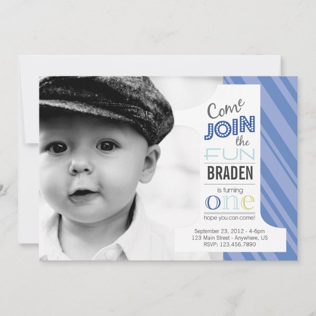 Nummer Roligt FÖRSTA BIRTHDAG-fotoinbjudan Inbjudningar (Framsida)