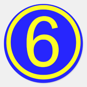 numrera 6 i en cirkla, blåttbakgrund runt klistermärke