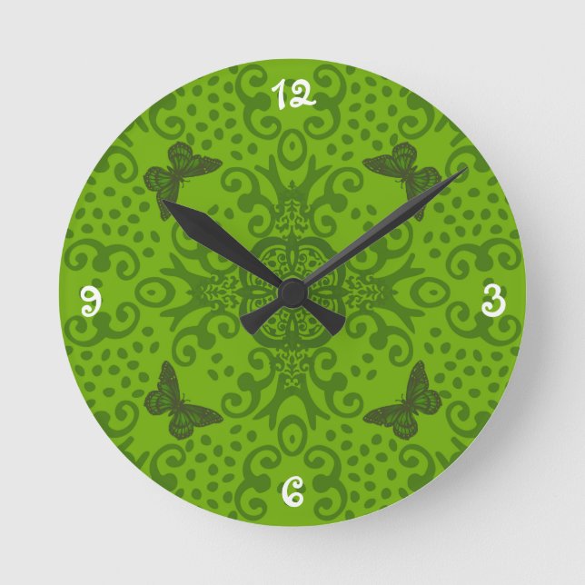 Numrerad grön fjäril-medallion rund klocka (Framsida)