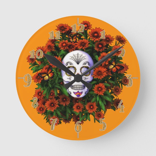 Numrerad på Sugar Skull Marigold Day of the dead Rund Klocka (Framsida)