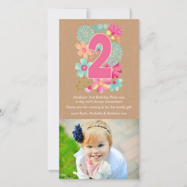 Numrerar den 2nd födelsedagen för flickor tack kort (Framsida)