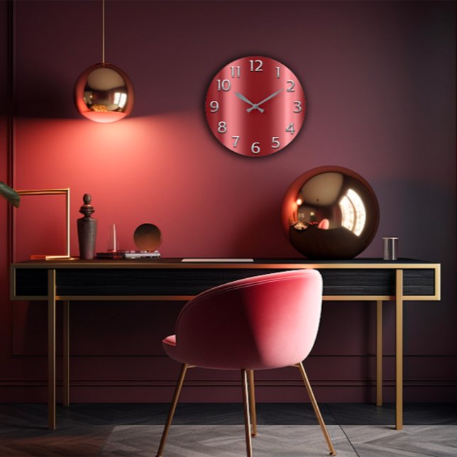 Numrerar den metalliska arabiskan Burgundy för Stor Klocka (Burgundy Maroon Silver Gray Metallic Arabic Number Large Clock)