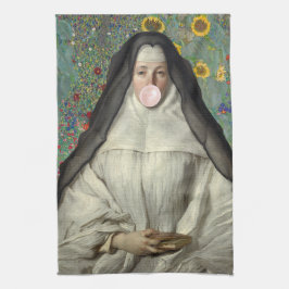 Nun Blowing a Rosa Bubble tum Kökshandduk