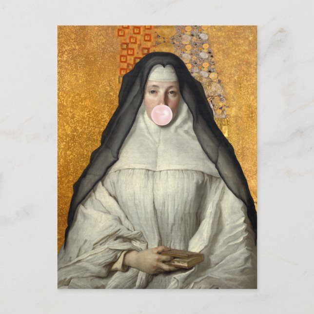 Nun Blowing a Rosa Bubble tum Vykort (Framsida)