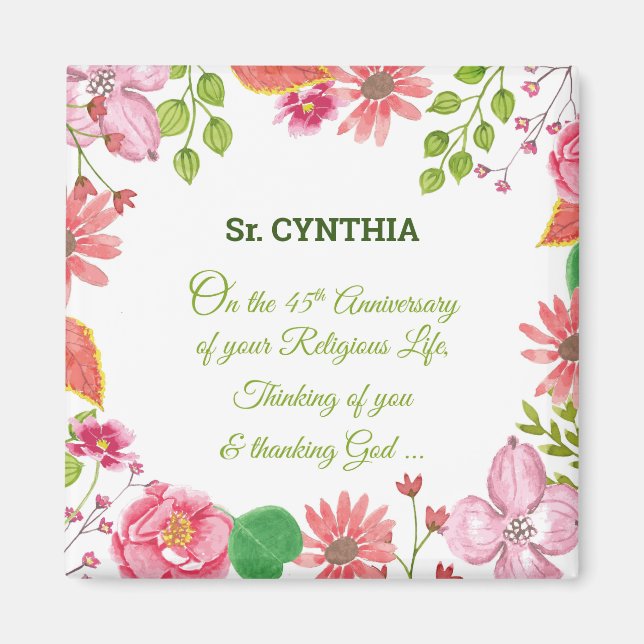 Nun Religiösa 45-årsjubileum Vattenfärgsblommor Magnet (Framsidan)