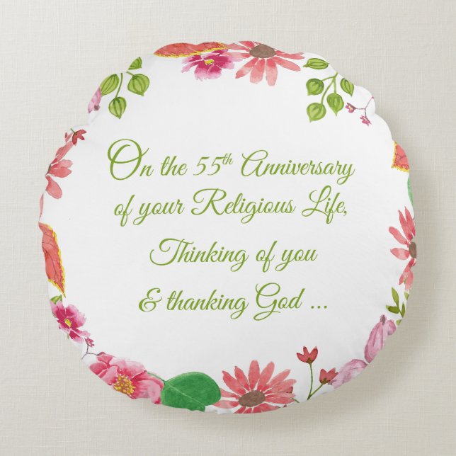 Nun Religiösa 55-årsjubileum Vattenfärgsblommor Rund Kudde (Framsidan)