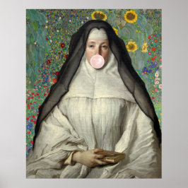 Nunna som blåser en rosa bubbelgummibubbla Affisch