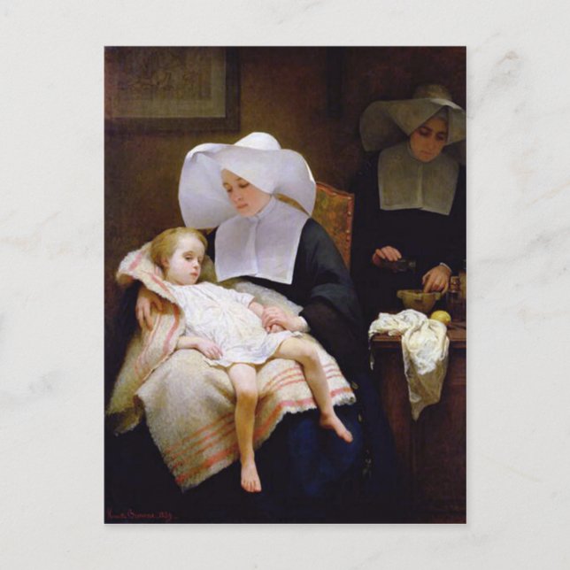 Nunna som vårdar ett sjukt barn vykort (Framsida)