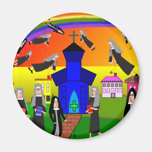 Nuns "Flies Nuns" Whimsical Art Magnet (Framsidan)