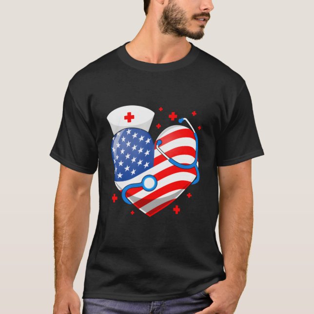 Nurse 4Th Of July American Flag He Stethoscope Nur T Shirt (Framsida)