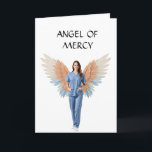 Nurse Angel of Mercy Card Helgkort<br><div class="desc">This inspiring image features a smiling female healthcare professional, dressed in clean, light blue scrubs, standing confidently with her hands in her pockets. Behind her, a pair of elegantly illustrated wings in warm shades of peach, orange, and soft blue fan out gracefully, symbolizing compassion, protection, and the "angelic" nature of...</div>
