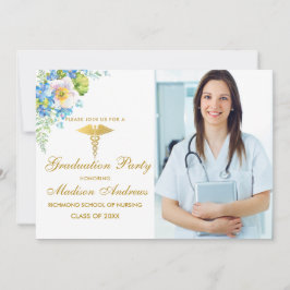 Nurse Blue Blommigt Grad Party Inbjudan Guld