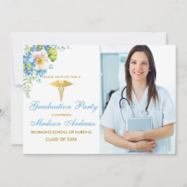 Nurse Blue Blommigt Guld Grad Party Inbjudan