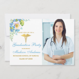 Nurse Blue Blommigt Guld Grad Party Inbjudan