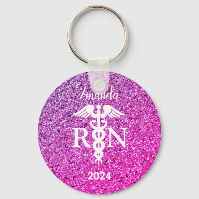 Nurse Caduceus Lila Rosa Glitter Monogram Nyckelring (Framsida)