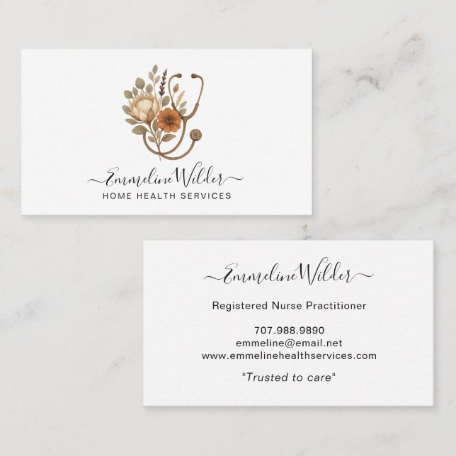 Nurse Caregiver Floral Stethoscope Business Card Visitkort (Fram/baksida)