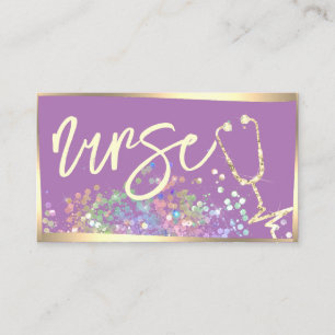 Nurse Caregiver Holografisk Glitter Lila Guld Visitkort