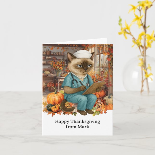 NURSE Cat with Flowers Fall Season Thanksgiving Kort (Gul blomma)