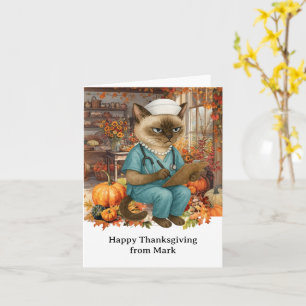 NURSE Cat with Flowers Fall Season Thanksgiving Kort