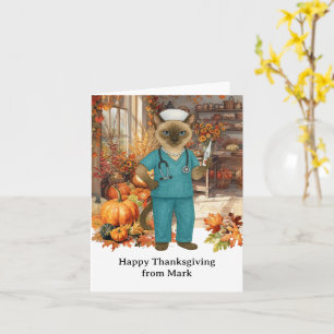 NURSE Cat with Flowers Fall Season Thanksgiving Kort