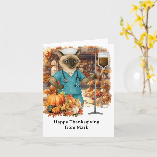 NURSE Cat with Flowers Fall Season Thanksgiving Kort (Gul blomma)
