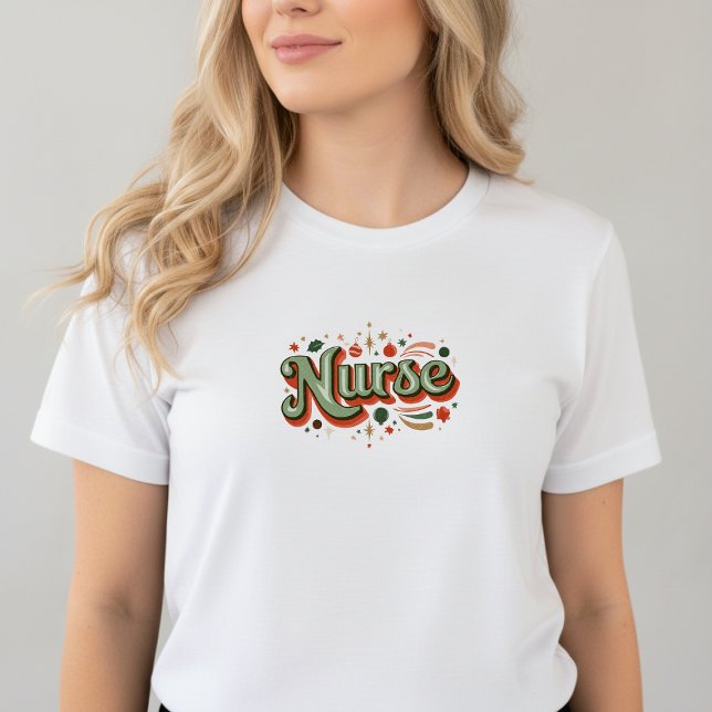 Nurse Christmas T-Shirt (White t-shirt with festive red and green “Nurse” text in Christmas style)
