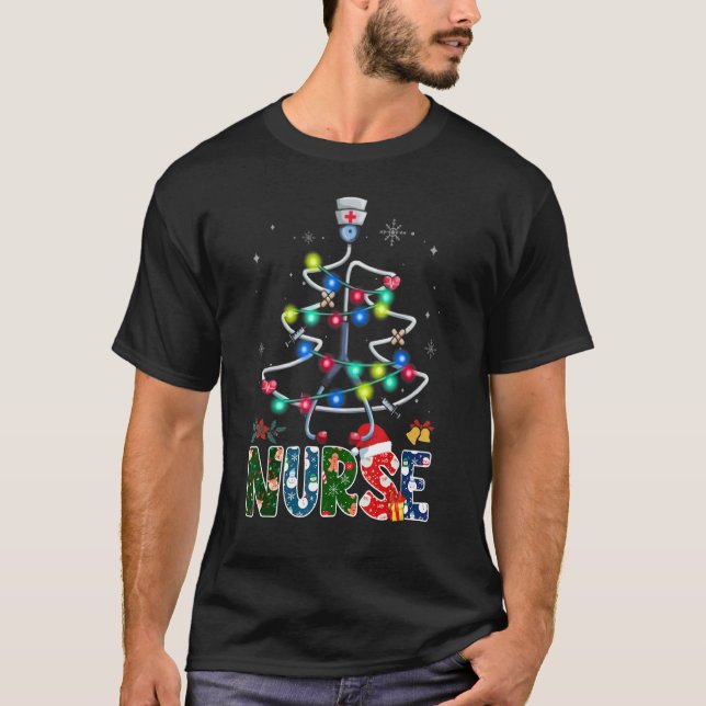 Nurse Christmas Tree Stethoscope RN LPN Scrub Nurs T Shirt (Framsida)