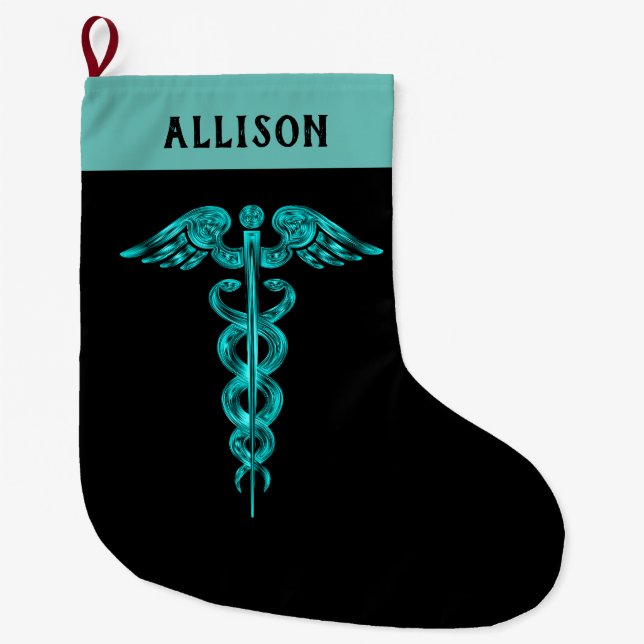 Nurse Doktor Caduceus Symbol Turcos Black Stor Julstrumpa (Framsidan)