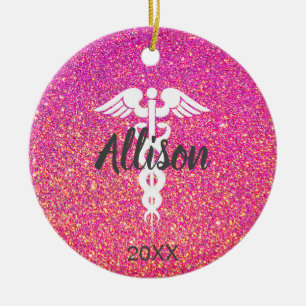 Nurse Doktor Medical Caduceus Rosa Glitter Anpassn Julgransprydnad Keramik