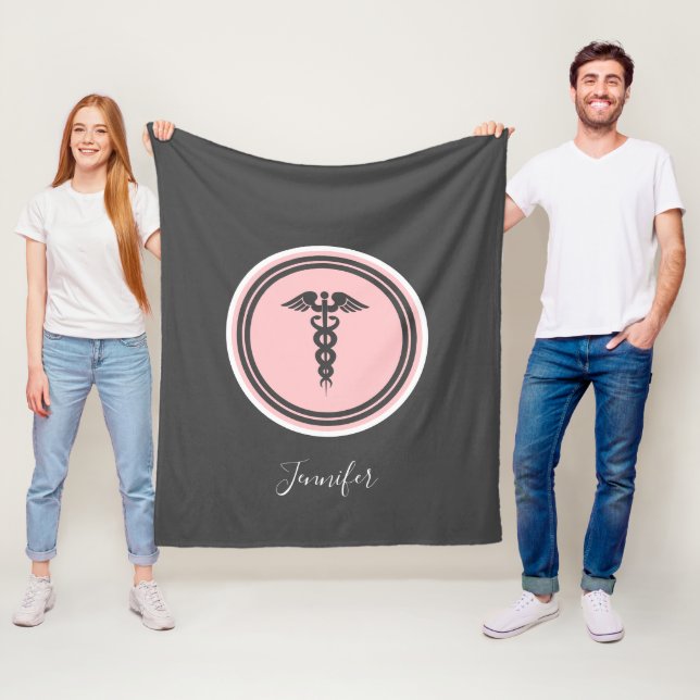 Nurse Doktor Medical Caduceus Rosa Grått Namn Fleecefilt (På plats)